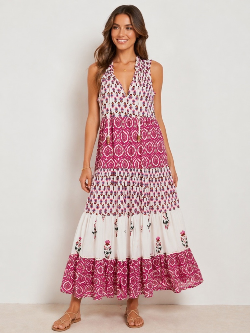 Chelsea & Theodore Boho Tiered Maxi Dress Pink Floral Sleeveless S